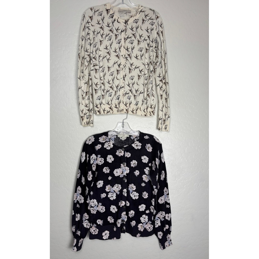 LOFT Ann Taylor Women Floral Cardigan Sweater Set of 2 Cotton Navy Cream M 2603